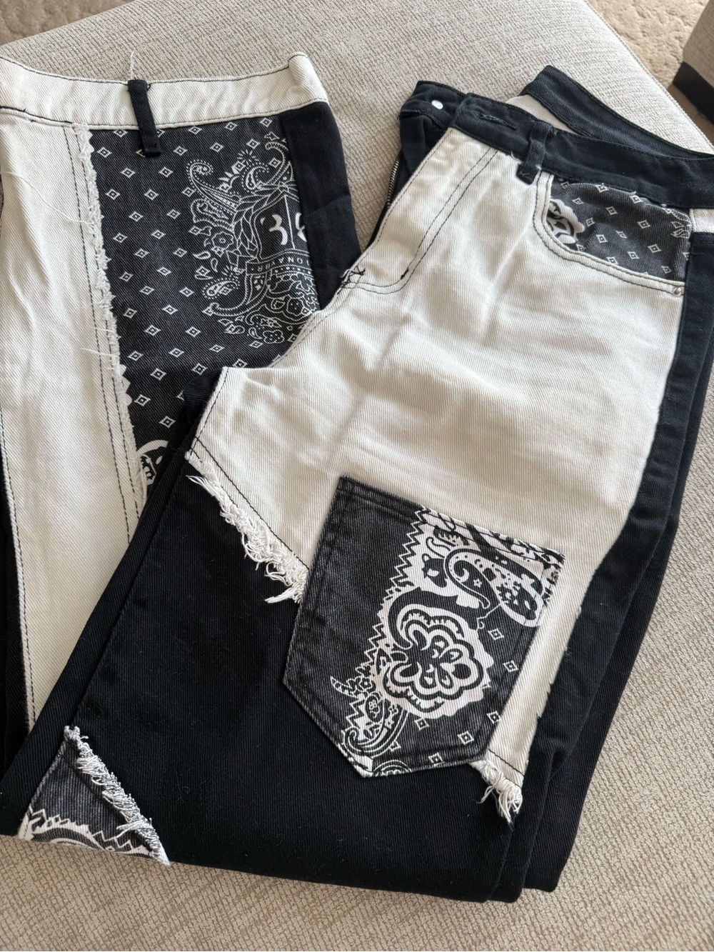 Black & White Patchwork Flare Jeans with Bandana Accent